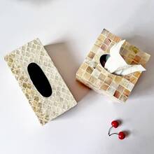 1 pièce Boîte à mouchoirs incrustée de coquillages naturels dorés, style de luxe pour le salon, la salle à manger, porte-serviettes de bureau minimaliste. Convient pour les restaurants, la maison, la chambre, le salon, la salle de bain, le Nouvel An, Halloween, cadeau de Noël