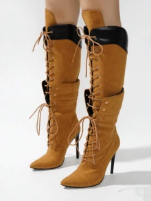 Women's Knee High Boots Pointed Toe Lace Up Stiletto Heel Yellow Boots Motorcycle Dressy Party Luxury Fashion Spring Summer Boots For Women - Màu vàng - Xem 7