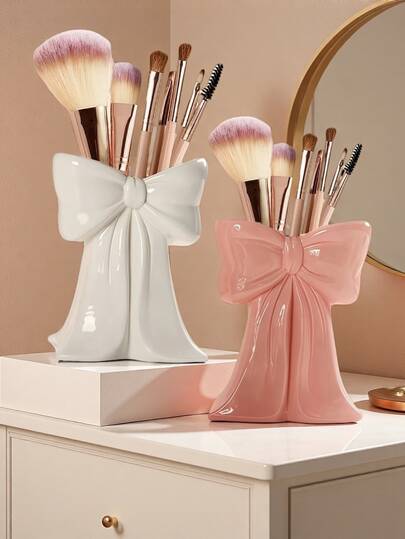 1pc Cute Bow-Shaped Makeup Storage Box - Desktop Brush And Office Supplies Organizer, Elegant Makeup Brush Holder Design, Ideal For Girls, Students And Women's Creative Decor