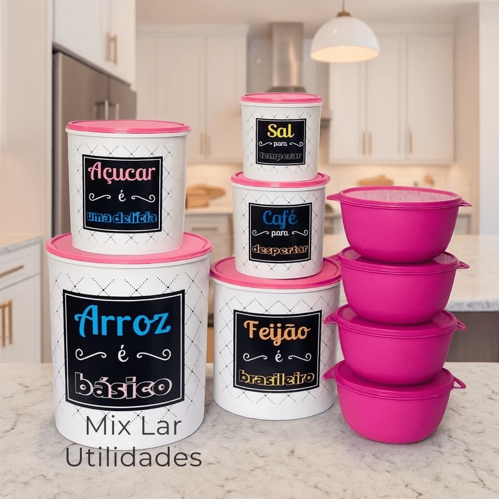 9-Piece Decorated Plastic Kitchen Food Container Kit - Blanco y rosa - Ver 1