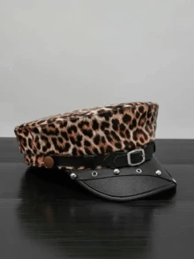 1pc Women's Leopard Print Beret Hat, PU Leather Decor Buckle, Autumn/Winter Retro Flat Top Cap, Suitable For Back To School, Student Fashion, Party Themes, Street Style, Halloween