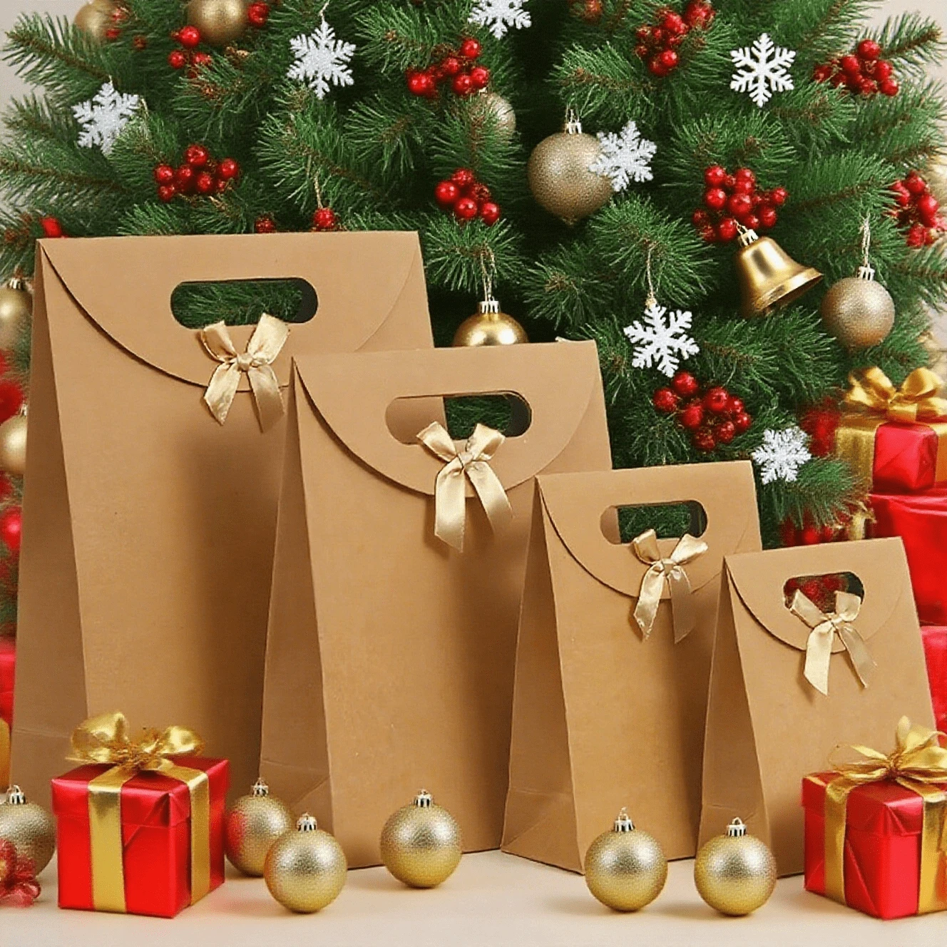 2/5 piezas Bolsas de papel kraft de Navidad, bolsas de papel kraft con solapa superior, bolsas para ropa, bolsas de regalo de unicolor, bolsas de embalaje, bolsas con asa de lazo, cajas de embalaje para panadería, bolsas para aperitivos, adecuadas para Navidad.