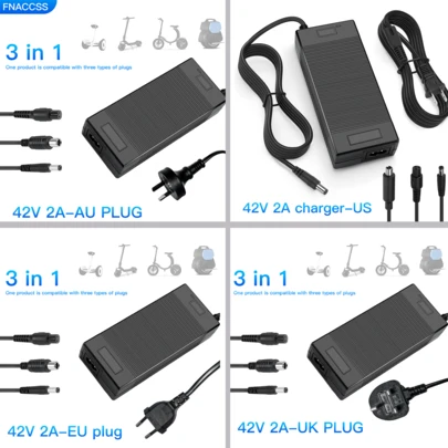 شاحن سكوتر كهربائي 42 فولت 2 أمبير، متوافق مع بطاريات أيون الليثيوم 36 فولت، مناسب ل- Jetson و Razor و Swagtron و Bird و Gotrax و Segway، مع 3 منافذ شحن: 2.5 مم/2.1 مم تيار ، 5.5 مم تيار ، و12 مم قابس طيران ذو 3 دبابيس، جهد عالمي 100-240 فولت