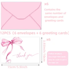 24 piezas Tarjeta de agradecimiento de lazo rosa, set con sobre y tarjeta de felicitación, tarjeta de nota en blanco para Día de San Valentín, cumpleaños, boda (12 sobres y 12 tarjetas de felicitación) - rosa - Ver 7