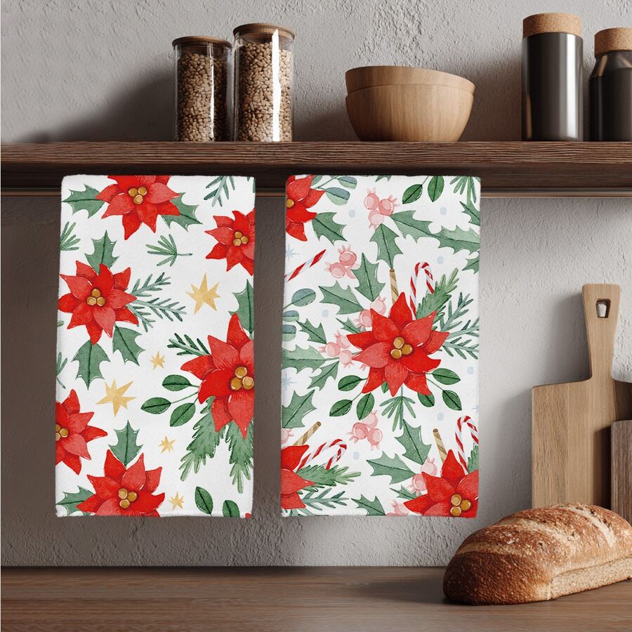 2 peças de toalhas de cozinha com estampa de poinsétia em aquarela minimalista, panos de prato de poliéster macio, adequados para decoração de cozinha, limpeza, decoração de festas de fim de ano, itens essenciais para cozinha e banheiro, decoração de casa, presente de inauguração - Multicolorido - Ver 1