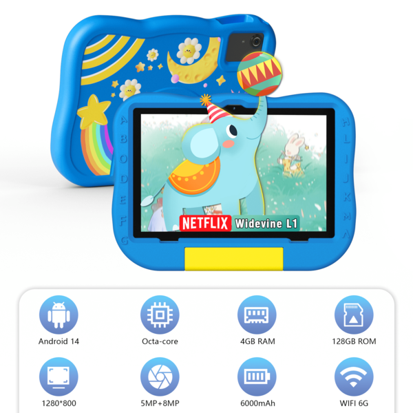 Qetupa 10.1-Inch Android 14 Kids Tablet: 4GB+128GB (1TB Expandable), A523 Octa-Core 2.0GHz, 1280*800 IPS HD Touchscreen, 5MP+8MP Dual Cameras, WiFi 2.4G+6G, 6000mAh, BT5.4&802.11ac, Parental Controls, Educational Apps – Perfect For Christmas Sleigh Drawing & Halloween Puzzle Fun