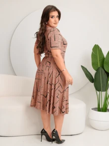 GODÊ MIDI DRESS WITH FLORAL SKIRT WITH BELT AND GEOMETRIC PRINT - Rosa - View 5