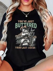 Women's Casual T-Shirt With Cowboy Cat Graphic, Comfortable And Soft Short-Sleeved T-Shirt, 100% Cotton, 220 G, Ideal For Spring And Summer, Unisex.