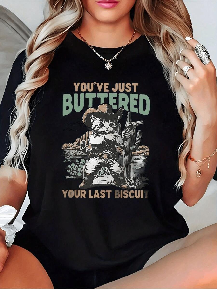 Women's Casual T-Shirt With Cowboy Cat Graphic, Comfortable And Soft Short-Sleeved T-Shirt, 100% Cotton, 220 G, Ideal For Spring And Summer, Unisex.