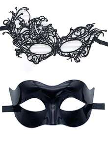2 件黑色蕾丝和塑料情侣化妆舞会面具，适合男女参加化妆舞会、派对万圣节