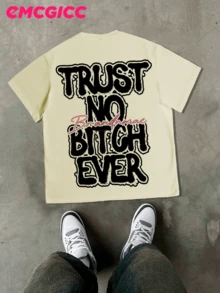 EMCGICC Y2k, TRUST NO BITGH EVER, Fun Patterns, Men's Summer Short Sleeved Pure Cotton Comfortable And Breathable Outdoor Street Round Neck T-Shirt, High-Quality Fashion Brand, A Surprise Gift For Family And Friends. - 米色 - 查看 3