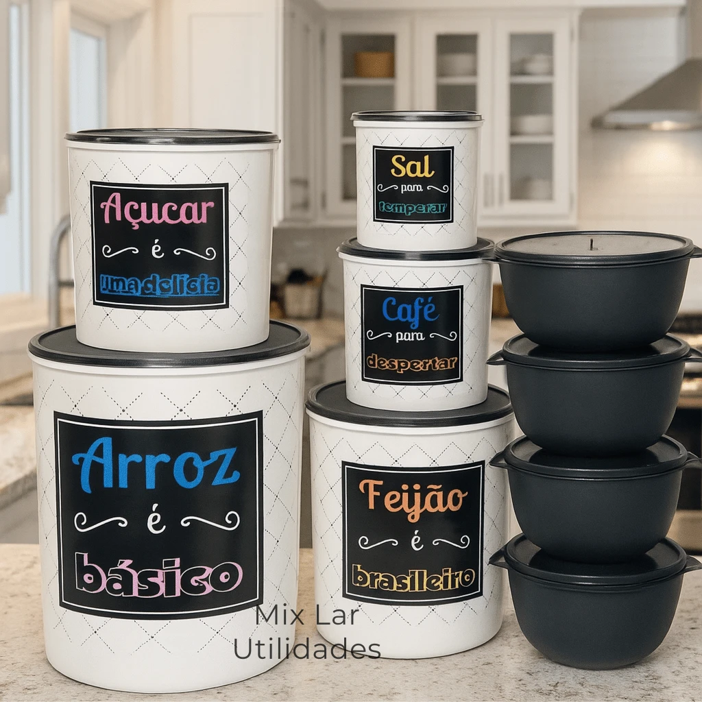 9-Piece Decorated Plastic Kitchen Food Container Kit - Black and White - View 1