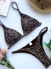 2 件套女士豹纹撞色印花比基尼泳装套装，夏季 - 棕色 - 查看 5