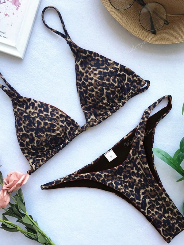 2 Stücke Damen Leopard Muster Kontrast Farbe Bikini Badeanzug Set, Sommer