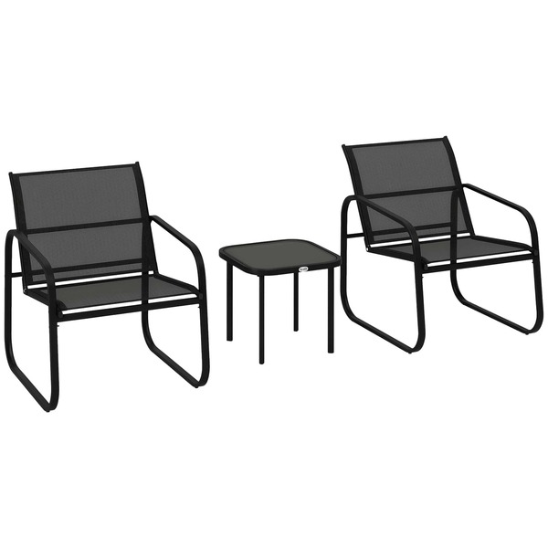  Outsunny Garden Bistro Set, 3 Piece Metal Garden Furniture Set With Mesh Chairs And Square Glass Top Table, Small Balcony Furniture For Outdoor, Patio, Conservatory, Black