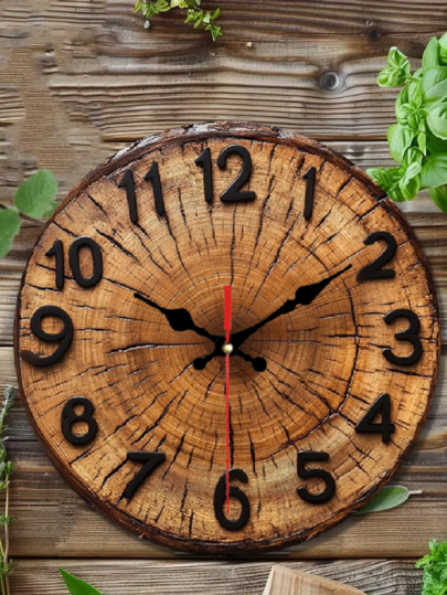Pc 10 Inch/12 Inch 2D Round Wooden Wand Klok Visible Wood Grain Growth Ring Classic Zwart Numbers s, Home, Office, Cafe Living Room Clock, Flat Home view 3