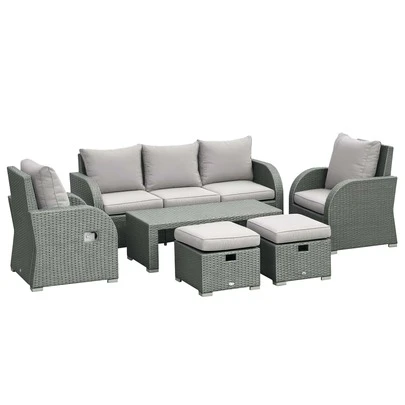  Outsunny Rattan Garden Sofa Set With 3 Seater Sofa, 2 Reclining Single Sofa, Coffee Table, Footstool, Space-Saving Outdoor Patio Wicker Furniture Set - Light Grey