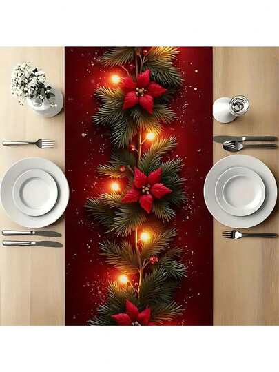 Caminho de mesa natalino (1 peça) - Ramos de pinheiro, decoração elegante para jantares festivos na cozinha, mesa de centro e escritório - Impressão plana 2D, decoração de mesa durável em poliéster para festas de Natal, estilo sazonal para casa, ambiente festivo e aconchegante, design têxtil festivo - Toalha de mesa festiva em vários tamanhos, decoração de Natal, tecido de fácil cuidado, perfeita para decoração de festas e decoração de mesa de Natal.
