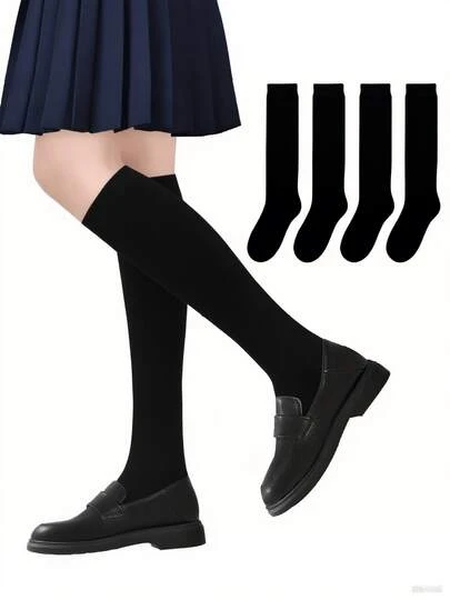 4 Pairs Knee Socks For Kids, Pressure Socks, Solid Color Socks, Knee High Socks, Children's Socks, White Calf Socks, Suitable For All Seasons