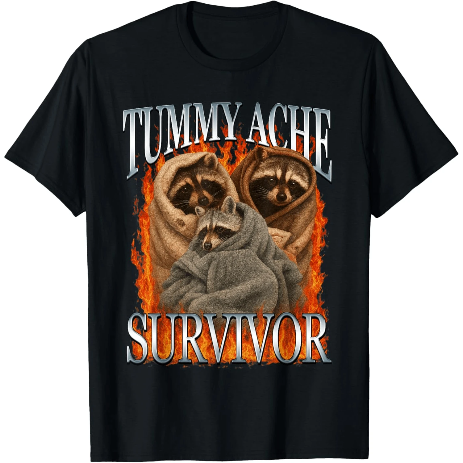 Tummy Ache Survivor Funny Racoon Meme T-Shirt - 黑色 - 查看 1