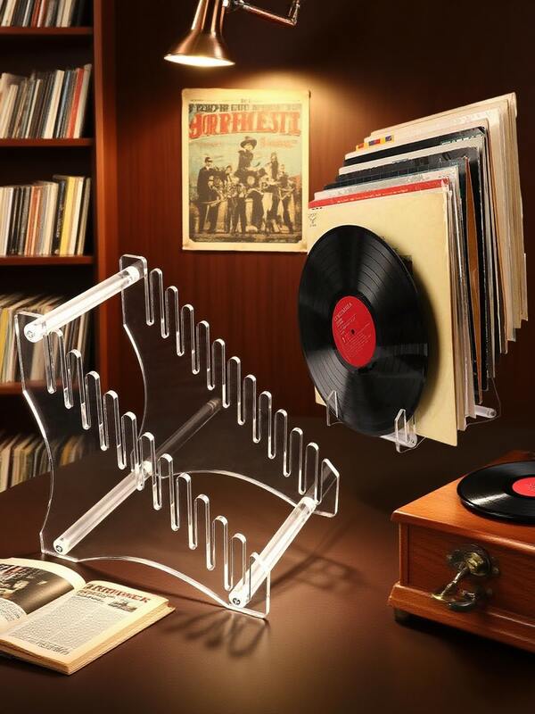 1pc/2pcs Acrylic Vinyl Record Rack, Transparent Acrylic Record Display Rack, Multi-Slot Acrylic Vinyl Record Rack, Curved Design Acrylic Record Rack, Vinyl Record Storage And Display Organizer, Desktop Acrylic Record Organizer, Multi-Purpose Acrylic Display Rack (Records And Signs)