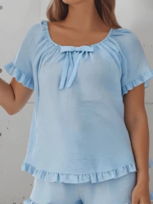 Women's Summer Lounge Set Short Sleeve Scoop Neck Ruffle Trim Tops Shorts Sleepwear - 藍色 - 查看 2