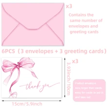 24 piezas Tarjeta de agradecimiento de lazo rosa, set con sobre y tarjeta de felicitación, tarjeta de nota en blanco para Día de San Valentín, cumpleaños, boda (12 sobres y 12 tarjetas de felicitación) - rosa - Ver 8