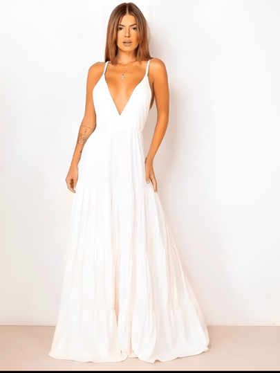 Vestido Longo Feminino Decote V Alças Finas