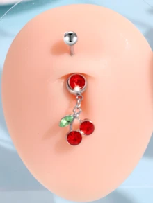 1pc Creative Fashionable Red Glitter Cherry Belly Button Ring, Women Body Jewelry - Red - View 11