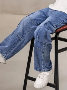青少年男孩 2026 秋季新款丹寧直筒長褲,時尚款 - 中等水洗藍 - 查看 6