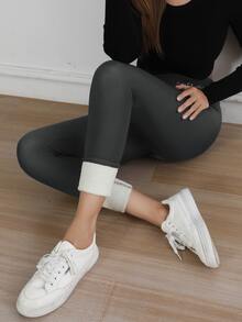 女士户外保暖加厚高腰纯色刺绣打底裤，舒适休闲日常穿着，时尚纯色户外紧身裤，抓绒，冬季 - 深灰色 - 查看 4