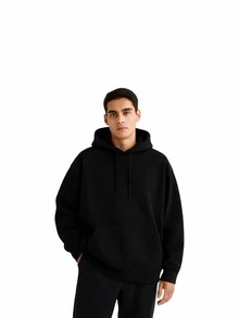Men Oversized Pullover Drop Shoulder Hoodie Heavyweight CVC Fleece Kangar Oo Pocket Relaxed Fit Sweatshirt Blanks - 黑色 - 查看 1
