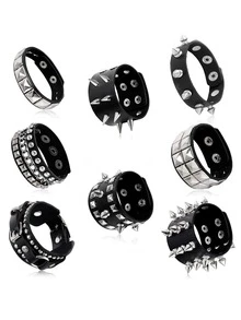 1 件朋克摇滚铆钉手链袖口，男女通用，黑色朋克哥特皮革手链，Emo 铆钉手链，可调节摇滚 80 年代 90 年代复古纽扣金属缠绕腕带，万圣节配饰 - 黑色 - 查看 1