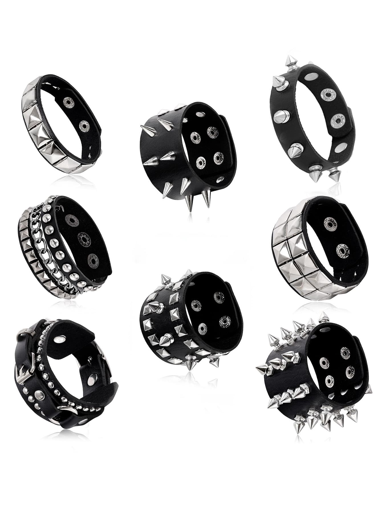 1 件朋克摇滚铆钉手链袖口，男女通用，黑色朋克哥特皮革手链，Emo 铆钉手链，可调节摇滚 80 年代 90 年代复古纽扣金属缠绕腕带，万圣节配饰 - 黑色 - 查看 1