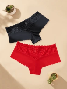 3pcs Women Sexy Lace Mid-Waist Seamless Leopard Print Breathable Panties, Slightly Small, Please Order One Size Up - Burgundy - View 3