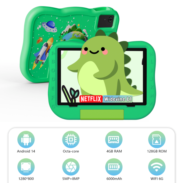 Qetupa 10.1-Inch Android 14 Kids Tablet: 4GB+128GB (1TB Expandable), A523 Octa-Core 2.0GHz, 1280*800 IPS HD Touchscreen, 5MP+8MP Dual Cameras, WiFi 2.4G+6G, 6000mAh, BT5.4&802.11ac, Parental Controls, Educational Apps – Perfect For Christmas Sleigh Drawing & Halloween Puzzle Fun