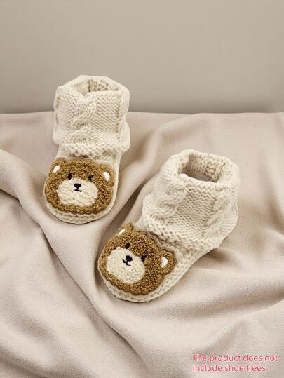 1 Pair Infant Knit Booties With Bear Design, Cable Knit Pattern, Beige And Brown, Infant Slipper Socks