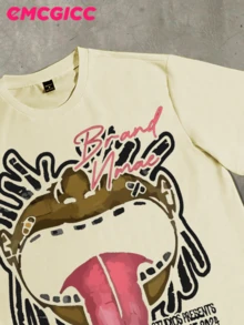 EMCGICC Y2k, TRUST NO BITGH EVER, Fun Patterns, Men's Summer Short Sleeved Pure Cotton Comfortable And Breathable Outdoor Street Round Neck T-Shirt, High-Quality Fashion Brand, A Surprise Gift For Family And Friends. - 米色 - 查看 4