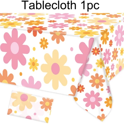 Mantel desechable de plástico con margaritas de 54 x 108 pulgadas - Decoración para fiestas y días festivos, Mantel con margaritas psicodélicas, Cubiertas de mesa de plástico con flores bohemias, Manteles rectangulares desechables con flores retro hippies para cumpleaños, bodas y fiestas bohemias de los 70