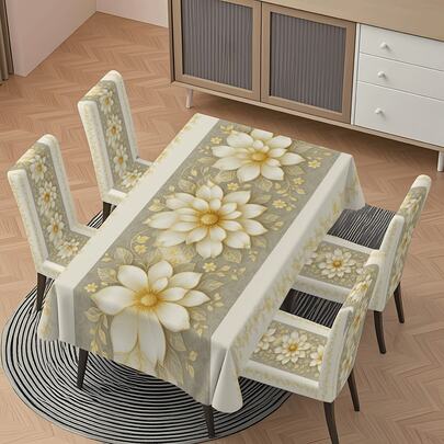 5/7 Pieces Elegant Floral Style! Gentle And Healing Tablecloth Chair Cover, 5-Piece Set (1 Tablecloth + 4 Chair Covers), 7-Piece Set (1 Tablecloth + 6 Chair Covers, Rectangular Table And Chair Cushion Stretch And Comfortable, Removable And Washable, Suitable For Home And Party Decoration