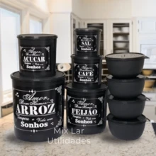 Kit Potes Para Mantimentos Cozinha Plástico 9 Peças Decorado - Preto - Visão 1