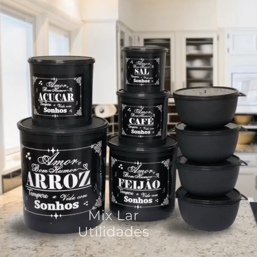Kit Potes Para Mantimentos Cozinha Plástico 9 Peças Decorado - Preto - Visão 1