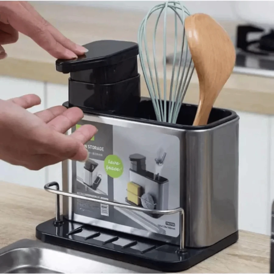 Detergent Holder Dispenser Liquid Soap Sponge Loofah Stainless Steel Drainer Organizer Kitchen Utensils Cutlery - Đen Z088 - Xem 1