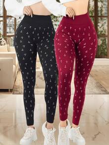 Set de 2 piezas Legging con estampado a cuadros de talle alto paquete de 2 pzas trendy Pantalones de Yoga - Naranja - Ver 5