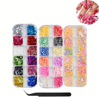 3盒蝴蝶美甲亮片，附赠1把镊子 - 3D美甲亮片彩色纸屑贴纸美甲美妆设计DIY装饰