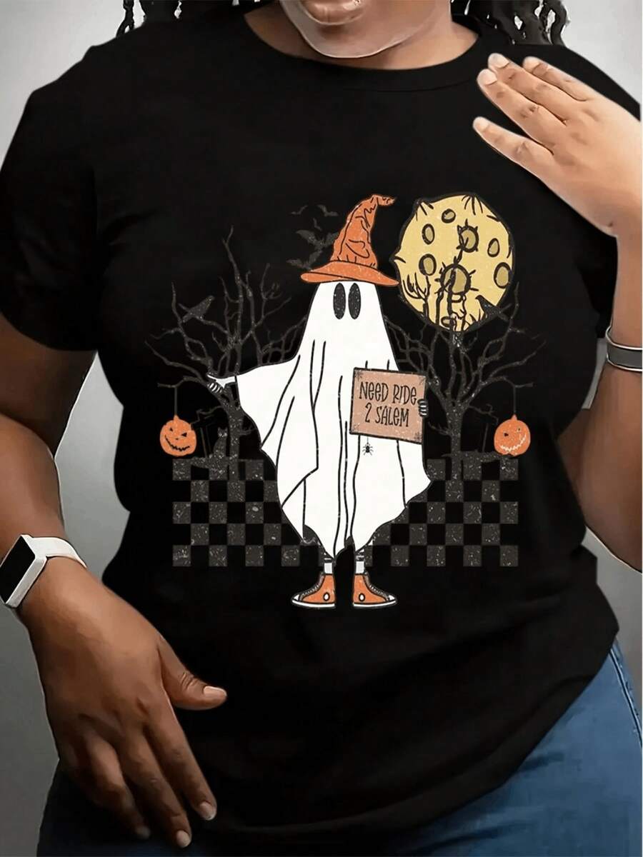 Women's Casual T-Shirt With Halloween Ghost And "NEED RIDE 2 SALEM" Graphic, Comfortable And Soft Short-Sleeved T-Shirt, 100% Cotton, 220 G, Ideal For Spring And Summer, Unisex.