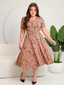 GODÊ MIDI DRESS WITH FLORAL SKIRT WITH BELT AND GEOMETRIC PRINT - Rosa - View 3