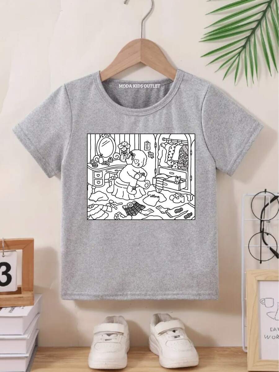 Bobbee Goods Printed Children's T-Shirt For Painting, 100% Cotton Girl's Blouse - 灰色 - 查看 1