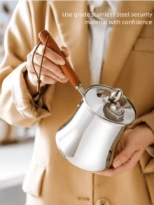 Stainless Steel Wood Handle Coffee Pot, Milk Pot, Outdoor Tea Kettle With Lid, Chocolate Melting Cup, Spill-Proof Mouth Coffee Pot, Tea Pot - Silver - View 9