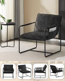 Modern Sling Accent Chair, Teddy Fleece Living Room Chair, Comfy Reading Armchair For Bedroom Reading Room Lounge With Side Storage Pocket, With Memory Foam Pillow And Metal Frame - màu đen - Xem 7